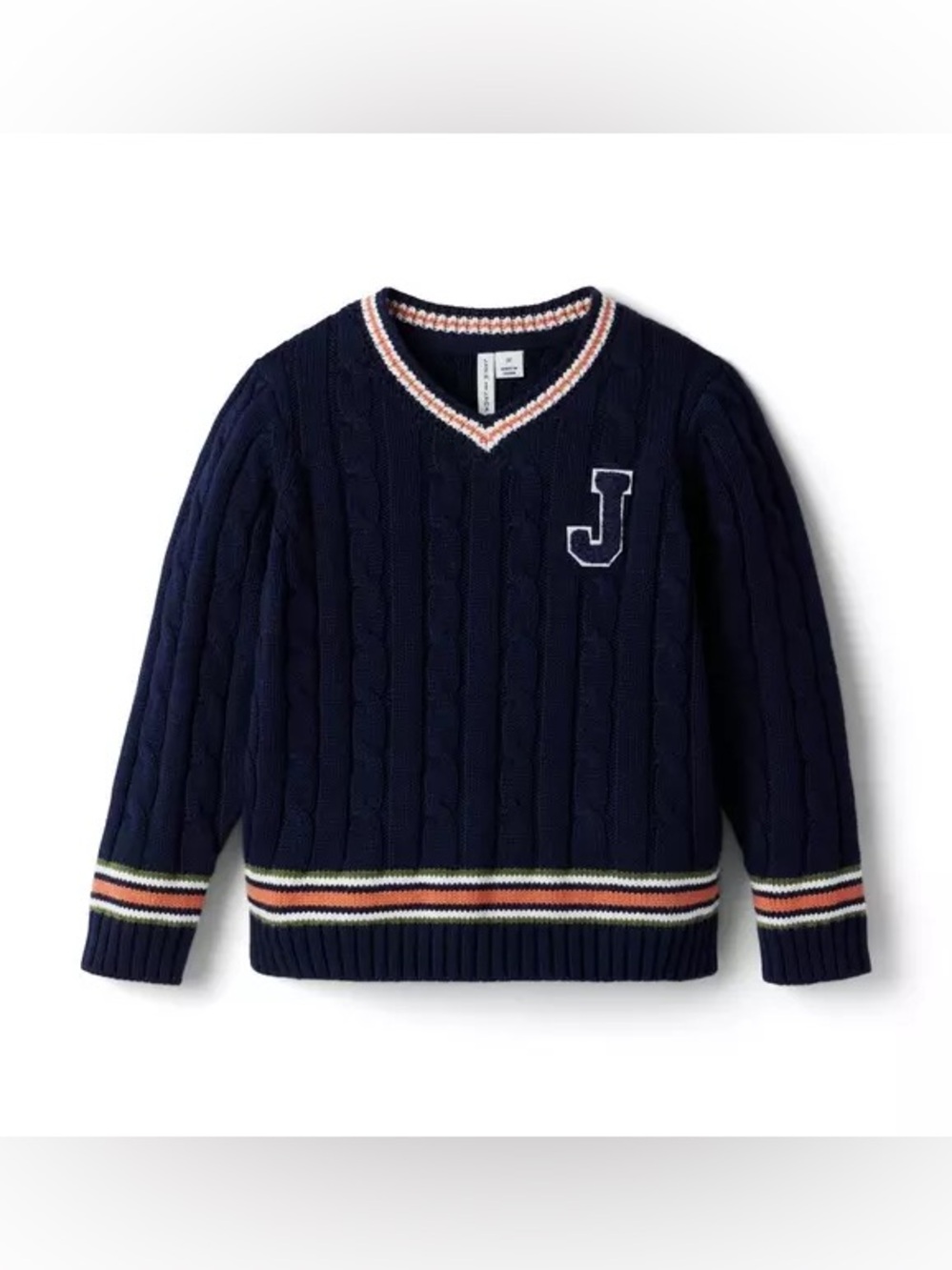 JANIE AND JACK Boys Cable Knit Varsity Sweater Navy Blue Long Sleeve 2T